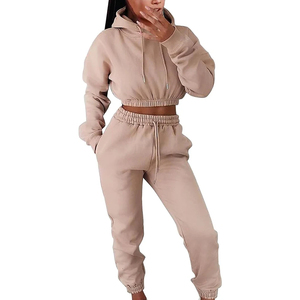 Women Beige Hooded Crop <b>Top</b> Tracksuit Set Full Length Side Pockets Casual Solid Color Cotton Material Autumn Wear - Product Image 4