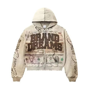 Sweat à capuche oversize zippé en coton French Terry, style streetwear, avec logo brodé et imprimé, effet vieilli, délavé à l'acide et décoloré par le soleil, personnalisé vintage. - Product Image 5