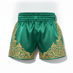 Shorts de boxe en soie verte avec broderie dorée, coupe classique, vêtements d'arts martiaux pour hommes, taille adulte, design brodé à la main - Product Image 3