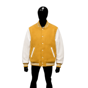Veste universitaire en laine dorée de qualité supérieure avec manches contrastées blanches, veste de baseball classique pour hommes et femmes, vente en gros pour les universités - Product Image 1