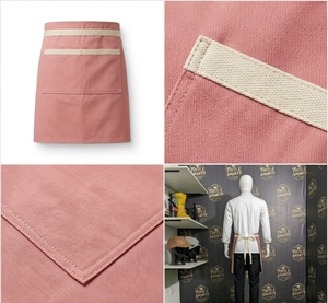 Delantal de cintura tejido de algodón rosa con ribete crema y doble bolsillo para uniforme de camareros de restaurante/bar - Product Image 5