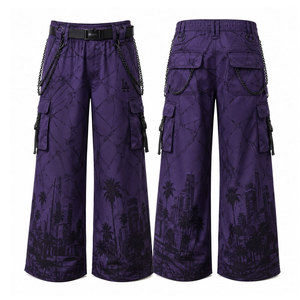 Gothic Wide Leg Cargo Pants With <b>Chain</b> Embroidery High Waist Multiple Pockets Men's Dark Blue Polyester Trousers - Product Image 4