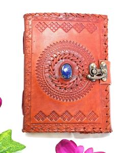 Journal en cuir vintage Journal en cuir avec mandala floral et lapis lazuli incrustation Journal en cuir signet prière - Product Image 1