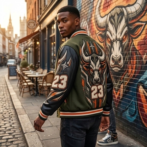 Veste de baseball verte pour homme, veste de baseball en laine avec manches en cuir, design brodé, veste bomber d'équipe - Product Image 4