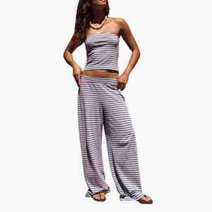 Custom Design Striped Knitted Two-Piece <b>Set</b> Sleeveless Top Loose Fit Full Length Pants Women's Spring Summer Wear Lounge <b>Sets</b> - Product Image 1