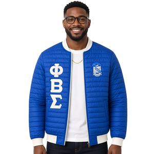 Chaqueta Acolchada Azul Rey para Hombre Phi Beta Sigma con Letras Griegas Bordadas y Cremallera Completa, Ligera y Acolchada para Invierno - Product Image 1