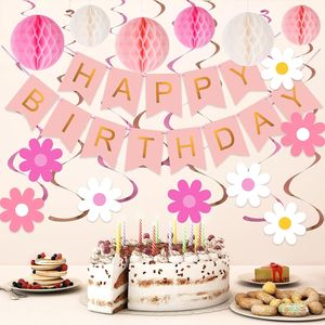 Set Decorativo per Festa di Compleanno Rosa - Striscione 'Happy Birthday' con Palline a Nido d'Ape - Product Image 1