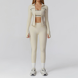 Women Solid/Printed Custom Yoga Jacket <b>Sports</b> <b>Bra</b> Leggings 3 Piece Workout Activewear Set Contrast Stitch Front Logo - Product Image 5
