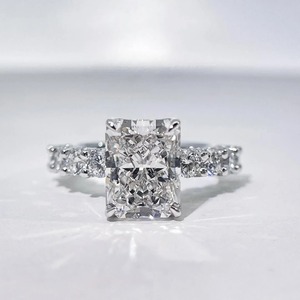 Radiant Cut Moissanite Luxury Cocktail <b>Ring</b> with Pav Band Rhodium Plated Hidden Halo Solitaire for Unisex <b>Men</b> & Women - Product Image 4