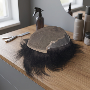 Peluca de cabello humano modelo Q6 para hombre, tupé para hombre, la densidad más baja en parche de cabello blanco para hombre, boutique en línea Alibaba, cabello humano virgen. - Product Image 5