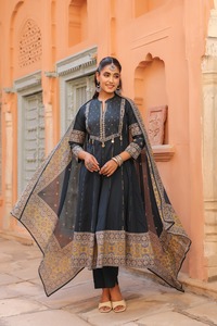 Designer Steel <b>Grey</b> Cotton Anarkali <b>Suit</b> Set with Flared Kurta Coordinated <b>Trousers</b> and Ethnic Printed Dupatta for Ladies - Product Image 2
