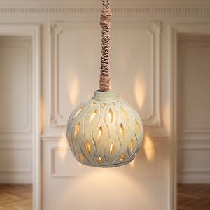 Sage Green Ceramic Pendant <b>Light</b> Rope Cord Perforated Leaf Cutout Hanging Lamp <b>Globe</b> Wabi Sabi LED E27 Bedroom Drum Chandelier - Product Image 2