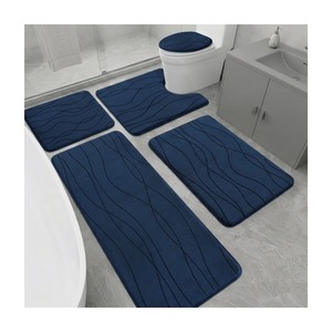 Ensemble de tapis de bain bleu marine moderne, 4 pièces, motif abstrait rectangulaire, dos antidérapant en caoutchouc, microfibre épaisse, usage domestique - Product Image 4