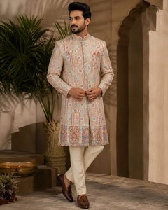 Veste Sherwani en soie 100% légère à motifs pour hommes, filles et garçons, tunique formelle à manches longues, tenue ethnique pour mariage et fête - Product Image 1