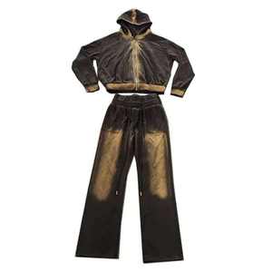 Survêtement Flare brodé pour homme, OEM, 100% coton molletonné, délavé à l'acide, personnalisé, avec appliqué vieilli, vintage, fermeture éclair intégrale - Product Image 6