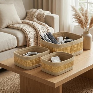 Set of 3 <b>Square</b> Seagrass <b>Baskets</b> with Fabric Stitching Handmade Storage <b>Basket</b> Wholesale eco-friendly Made in Vietnam - Product Image 6