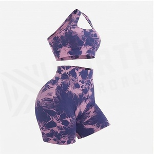 North Approach 2 Piece Yoga Set <b>One</b>-Shoulder Tie Dye High Waist Shorts Sweat Wicking Breathable Spandex Polyester - Product Image 3