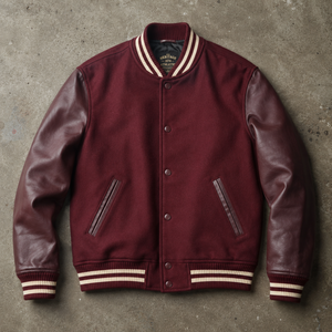 <b>Men's</b> Burgundy Varsity <b>Jacket</b> With Leather Sleeves Preppy Style Autumn Wear Turn-down Collar Button Closure - Product Image 2