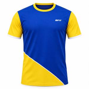 เสื้อยืดกีฬาบล็อกสีสำหรับผู้ชาย พรีเมียม บีฟิต สปอร์ตแวร์ สีน้ำเงินโคบอลต์-เหลือง แขนสั้น ระบายอากาศได้ดี แห้งเร็ว เป็นมิตรกับสิ่งแวดล้อม - Product Image 1