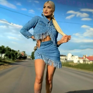 Ensemble crop top en jean pour femme, détails franges, bleu délavé, 2 pièces, tenue décontractée d'été - Product Image 5