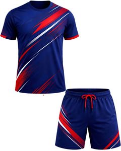 Conjunto de camiseta y pantalones cortos deportivos con estampado azul marino y rojo para hombre, ropa deportiva transpirable de secado rápido para entrenamiento de gimnasio, ropa deportiva atlética - Product Image 1