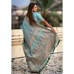 Sari en soie cachemire bleu ciel avec motif tissé en zari, écharpes et châles traditionnels - Product Image 3