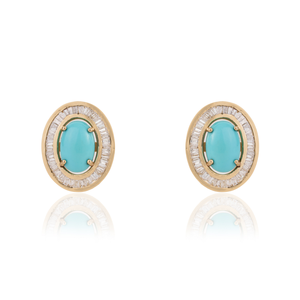 Nouvelles boucles d'oreilles clous haut de gamme en or jaune 14 carats avec turquoise et halo de diamants, design personnalisé, fabrication artisanale, fabricant de bijoux en gros - Product Image 1
