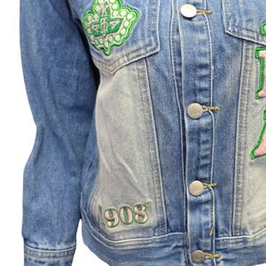 Blue Denim Jacket Women Embroidered Crest Jean Coat Button Front Long Sleeve Casual Fashion Outerwear Stylish Daily Wear Apparel - Product Image 2