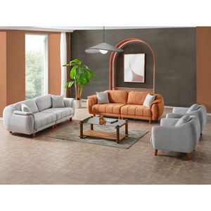 Luxury Solid Teak <b>Wood</b> <b>Sofa</b> Set Modern Light Gray 3 2 1 1 Seater Curved <b>Sofa</b> Coffee Table Japandi Villa Living Room Furniture - Product Image 1