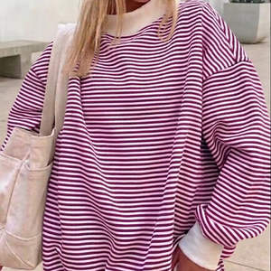 Sweat-shirt d'hiver rayé à col montant pour femme, respirant, à épaules tombantes, manches longues, en polyester/coton, décontracté, best-seller - Product Image 1