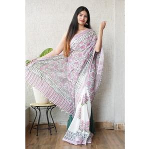 Sari en lin à imprimé artistique, style traditionnel, look élégant et confortable à porter toute la journée, avec chemisier en lin assorti - Product Image 2