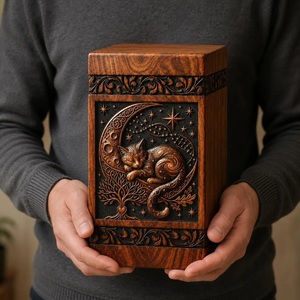 Hand-Carved Walnut <b>Cat</b> <b>Urn</b>-American Style Celestial Moon Stars Design Durable Eco-Friendly Cremation <b>Urn</b> 220 Cubic Inch Capacity - Product Image 2
