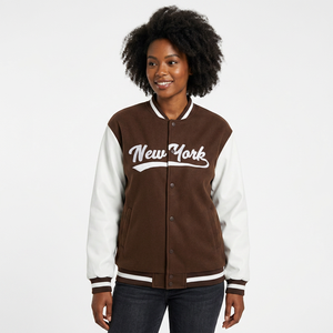 Veste de baseball pour homme en marron et blanc, style varsity, avec broderie de la lettre New York, décontractée, pour l'automne - Product Image 4