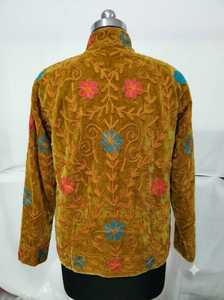 เสื้อแจ็คเก็ตปักลายซูซานีสำหรับผู้หญิง สีเหลืองมัสตาร์ด ลายดอกไม้ สไตล์โบโฮ คอจีน ทำมือ เสื้อผ้าทอแบบเอเชียกลาง เสื้อคลุมแบบดั้งเดิม - Product Image 5