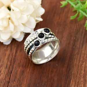 Divyansh Gems and Jewellers 925 Sterling <b>Silver</b> <b>Opal</b> Three Stone Signet Meditation <b>Ring</b> Beaded Band Textured Wide Hinduism - Product Image 1