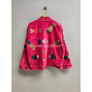 Pink Velvet Quilted <b>Jacket</b> Fish Embroidery Handmade Winter Autumn Unisex Stand Collar Boho <b>Hippie</b> Style - Product Image 2