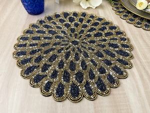 Set of Handmade placematbeaded table <b>placemat</b> Navy blue <b>gold</b> - Product Image 1
