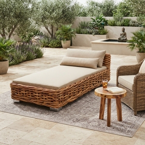 Chaise longue de jardin en rotin avec structure en bois d'acajou, tissage en rotin et tissu Daphnie, lit de soleil pour piscine, design artistique - Product Image 5