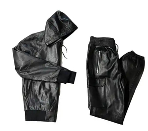 Conjunto Deportivo de Invierno para Hombre, de Cuero Genuino Premium, con Capucha y Transpirable, Chaqueta y Pantalón de Cuero de Lujo, Moda Urbana - Product Image 1