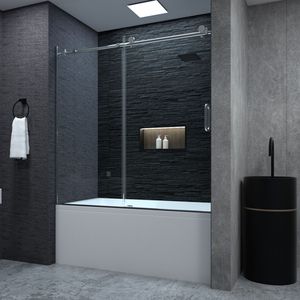 Porte de baignoire coulissante sans cadre de 58 à 60 po x 60 po h Porte de douche certifiée en verre trempé transparent de 1/4 po finition chromée - Product Image 4