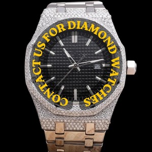 Reloj de Diseño Único con Esfera Redonda de Cristal, Dorado Blanco, Completamente Adornado con Piedras, Estilo Hip Hop, Movimiento de Cuarzo, Fecha Automática, Elegante y Brillante, Personalizable - Product Image 3