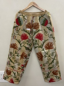 Pantalones de algodón bordados Suzani para mujer, pantalones étnicos florales estilo bohemio, cintura elástica con cordón, longitud completa - Product Image 4