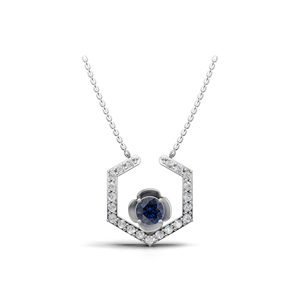 Collier pendentif floral hexagonal en or 18 carats avec pierre centrale ronde bleue et pierres rondes bleues de laboratoire - Product Image 1
