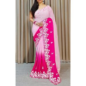 Sari en Georgette pour Soirée avec Broderie de Paillettes et Blouse Non Cousue Rose - Product Image 1