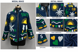 Hand Embroidered Navy Bomber Jacket With Sun Palm Tree Pattern Full Sleeve <b>Zipper</b> Closure Summer Women's Outerwear - Product Image 6