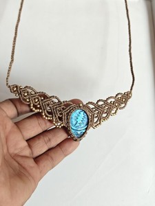 Handmade Macrame <b>Necklace</b> Blue Gemstone Pendant Boho Tribe Ethnic Jewelry Adjustable <b>Cord</b> Artisan Hippie Statement <b>Necklace</b> Boho - Product Image 3