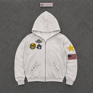 <b>White</b> Zip Up Hoodie With Embroidered Patches Streetwear Oversized Graphic Jacket Punk Style Full Zipper Hooded <b>Sweatshirt</b> Sale - Product Image 5