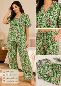 Conjunto de Pijama de Dos Piezas de Lujo para Mujer, de Algodón con Estampado Floral, Cuello en V, Cierre de Botones, Manga Corta, Largo Completo, Elegante, Casual, Transpirable para Verano - Product Image 5