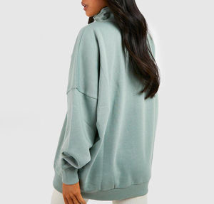 เสื้อสเวตเชิ้ตโอเวอร์ไซส์ผ้าฝ้ายฟลีซแบบซิปครึ่งตัวสำหรับผู้หญิง สไตล์ลำลองสำหรับฤดูหนาว เสื้อสเวตเชิ้ตคอปกแบบไหล่ตกสำหรับผู้หญิง - Product Image 3