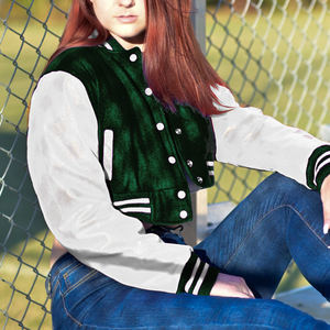 Veste courte universitaire pour femme, vert foncé, style Letterman, manteau bomber avec manches en similicuir, vêtement d'extérieur décontracté, mode féminine - Product Image 1